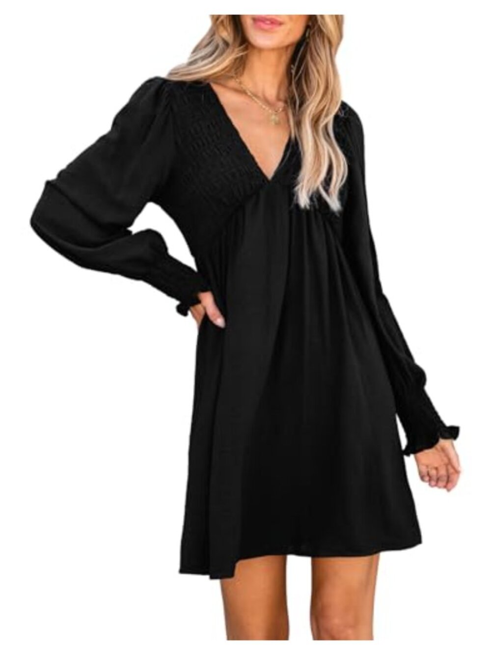 Smocked V Neck Long Sleeve Empire Waist A-Line Mini Dress